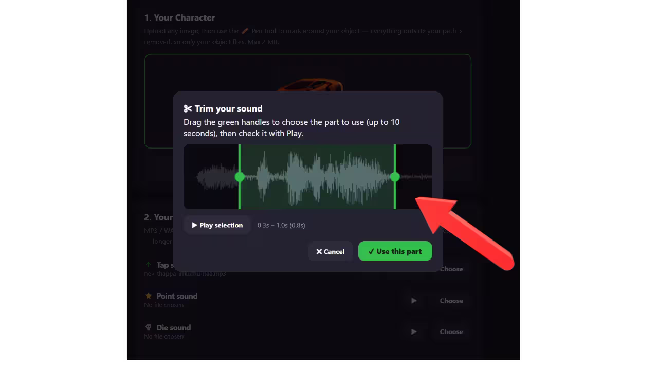 Trimming a sound with the waveform trimmer